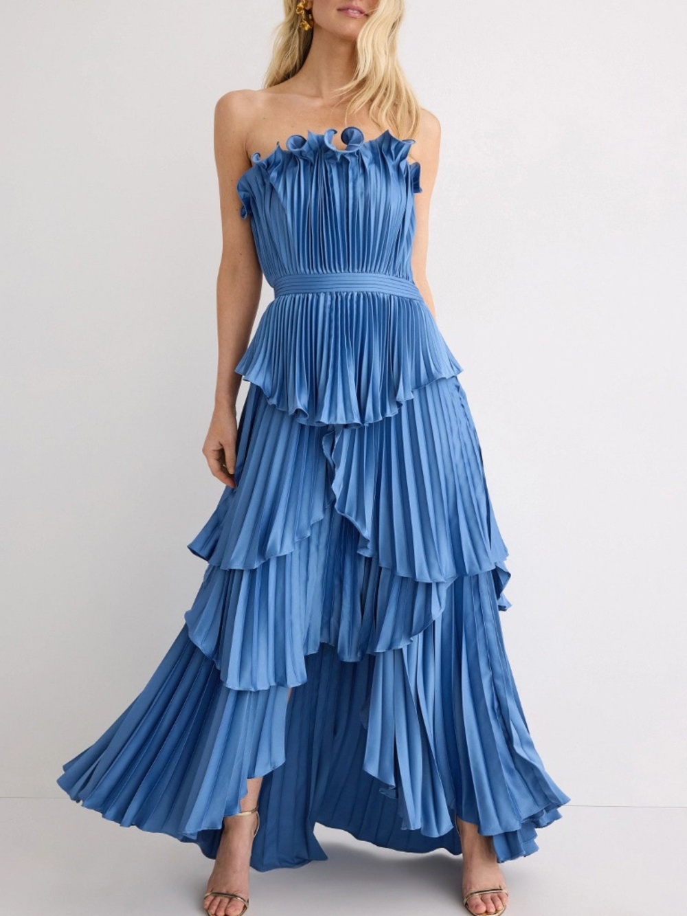 AMUR Janey Dress - Strapless Pleated Tiered Maxi Dress in Blue